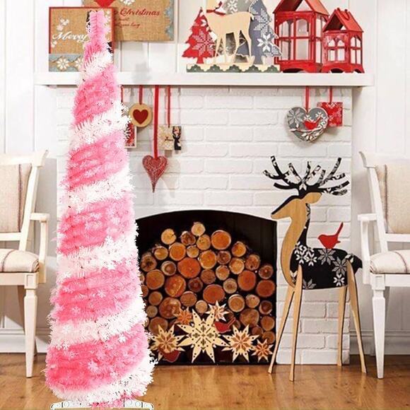 Artificial Christmas Tree, 5 Ft Pop Up Collapsible Tinsel  Pink White - Picture 1 of 9